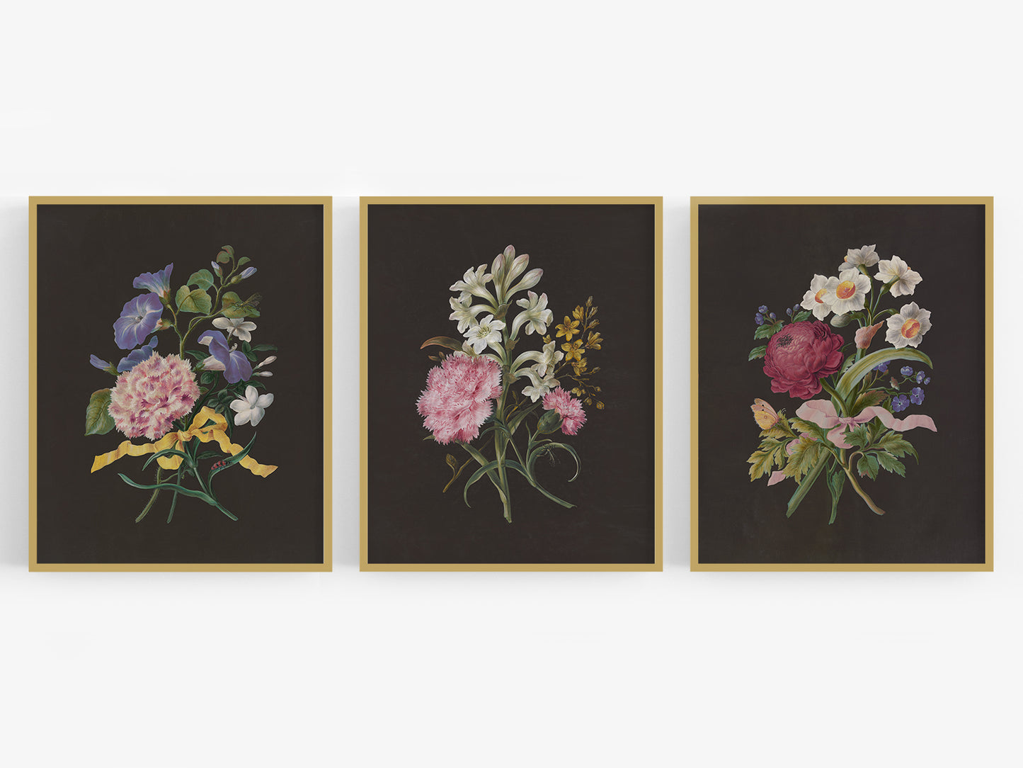 Flower Bouquet with Ribbon Art Prints - Set of Three