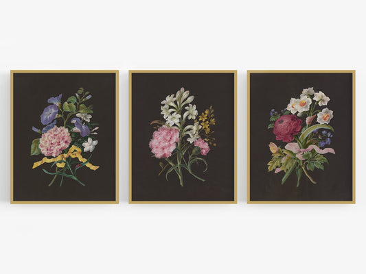 Flower Bouquet with Ribbon Art Prints - Set of Three