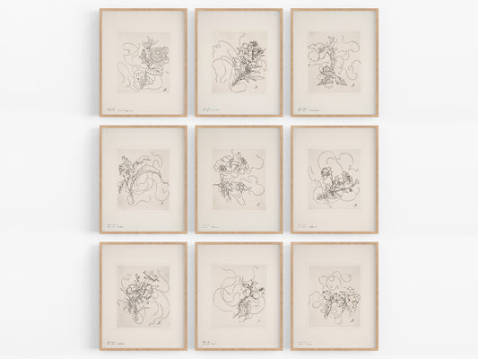 French Porcelain Flower Sketch Art Prints - Set of Nine
