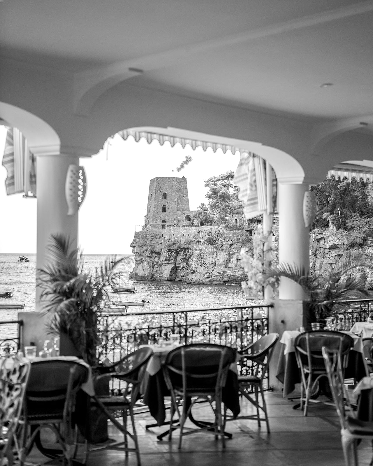 Positano Italy Cafe Scenic B&W Photo Print