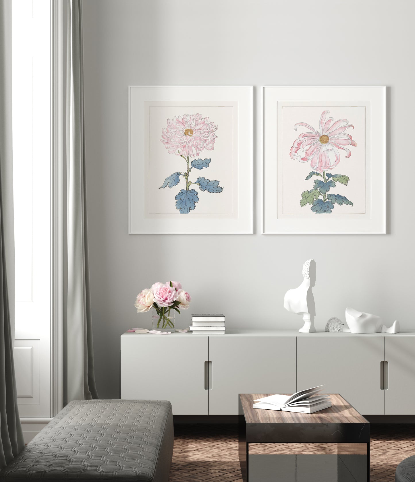 Japanese Pink Chrysanthemum Flower Art Prints, #1 & #6 - Set of Two