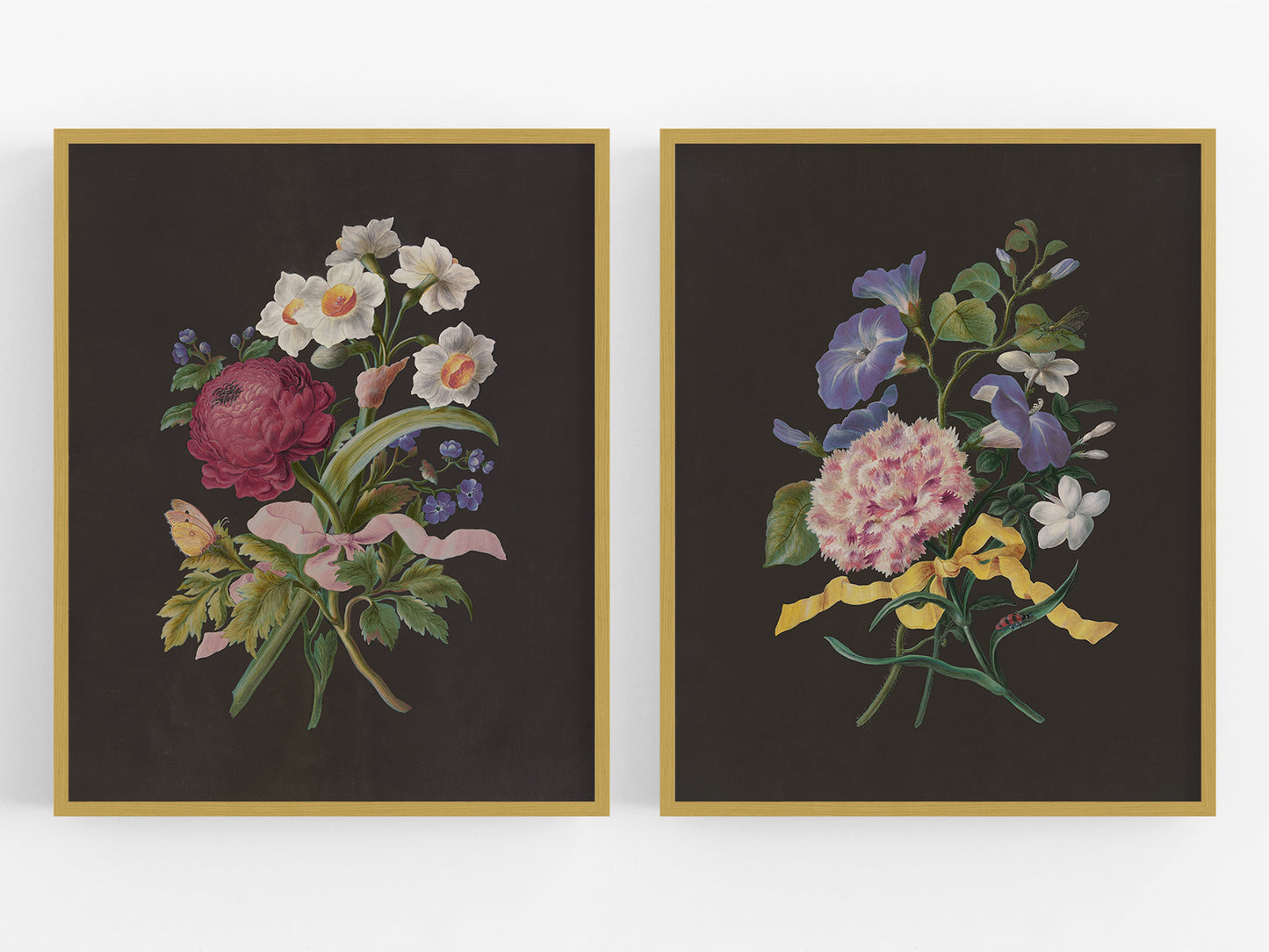 Flower Bouquet with Ribbon Art Prints - Set of Two