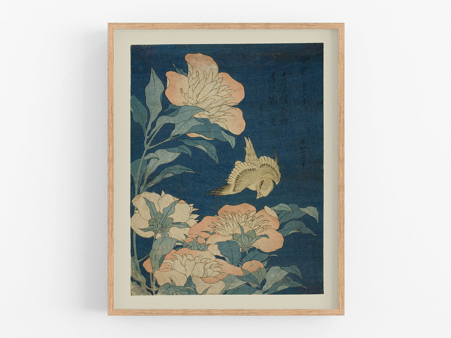 Japanese Woodblock Bird Art Print: Canary and Peony