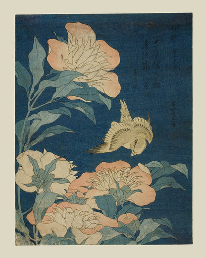 Japanese Woodblock Bird Art Print: Canary and Peony