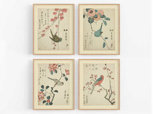 Japanese Flower & Bird Botanical Woodblock Reproduction Art Prints - Set of Four