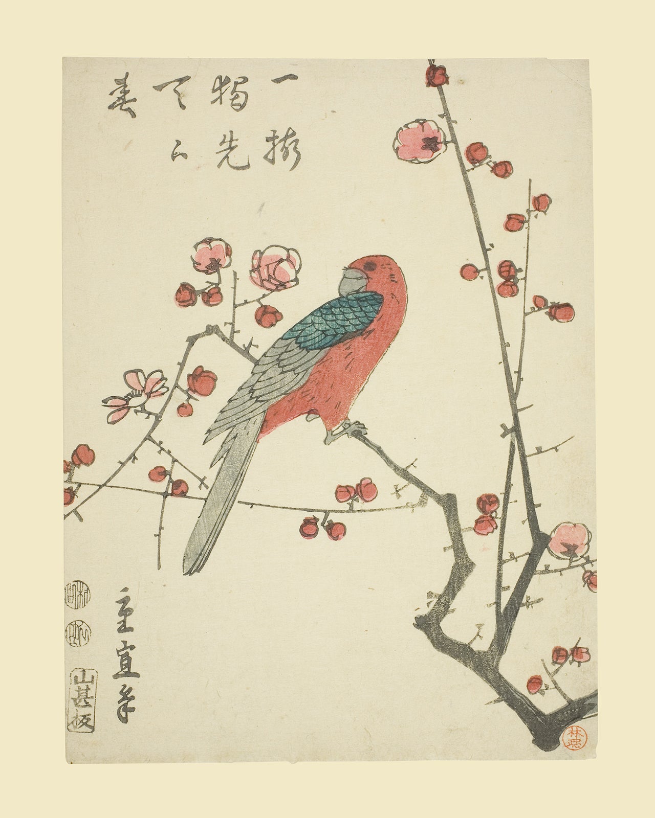 Japanese Flower & Bird Botanical Woodblock Reproduction Art Prints - Set of Four