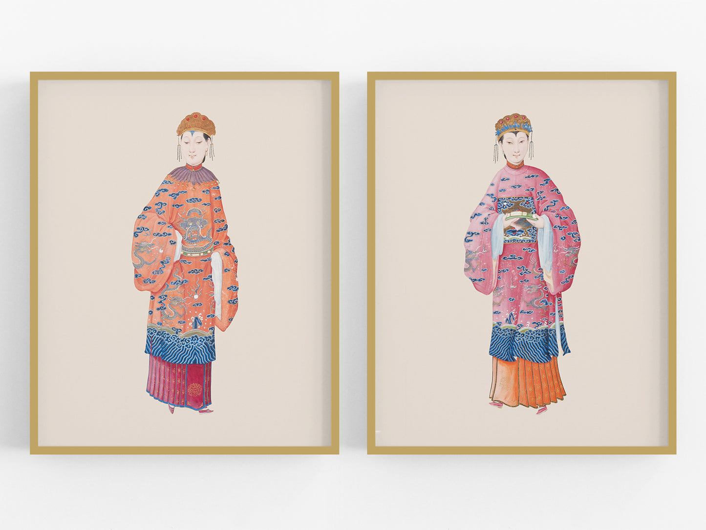 Chinese Women Chinoiserie Watercolor Art Prints - Set of Two