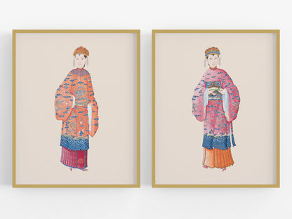 Chinese Women Chinoiserie Watercolor Art Prints - Set of Two