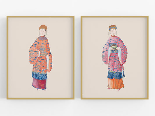 Chinese Women Chinoiserie Watercolor Art Prints - Set of Two