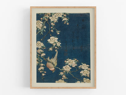 Japanese Woodblock Bird Art Print: Bullfinch and Weeping Cherry