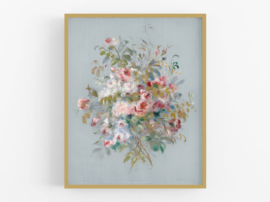 French Flower Bouquet Painting Art Print: Blue Colorway