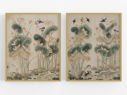 Lotus Flower Chinoiserie Art Prints #1 & #2 - Set of Two