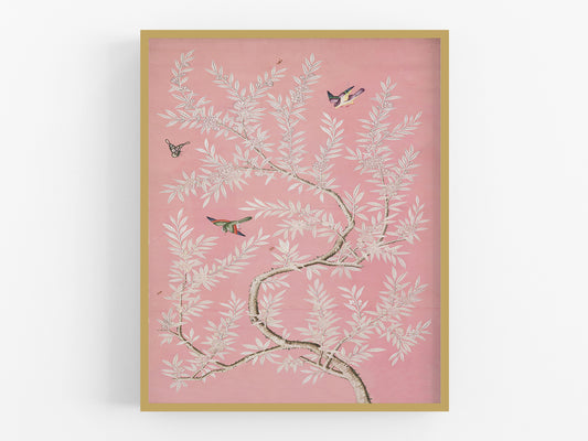 Chinese Birds and Foliage Chinoiserie Art Print: Pink Colorway