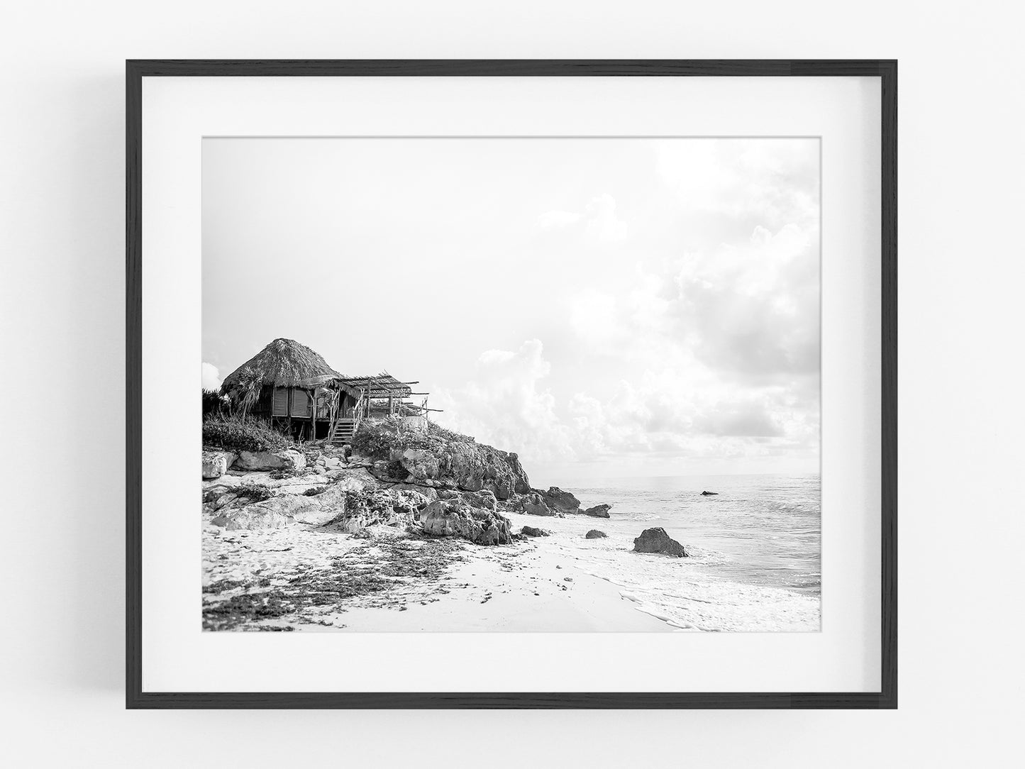 Tulum Mexico Beach Hut B&W Photo Print