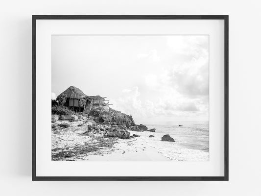 Tulum Mexico Beach Hut B&W Photo Print