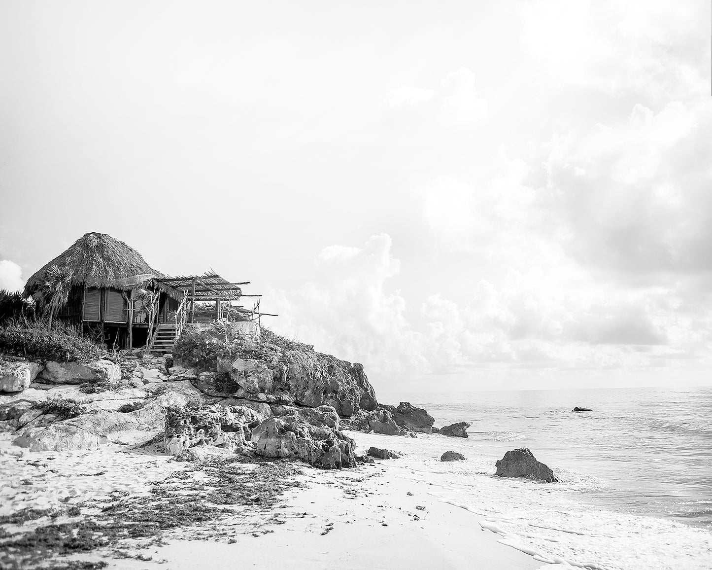 Tulum Mexico Beach Hut B&W Photo Print