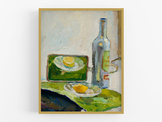 Fruit and Bottle Still Life Painting - Reproduction Art Print