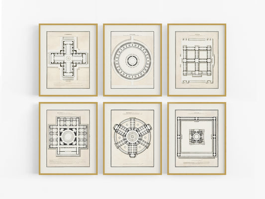 French Architectural Plan Art Prints - Set of Six