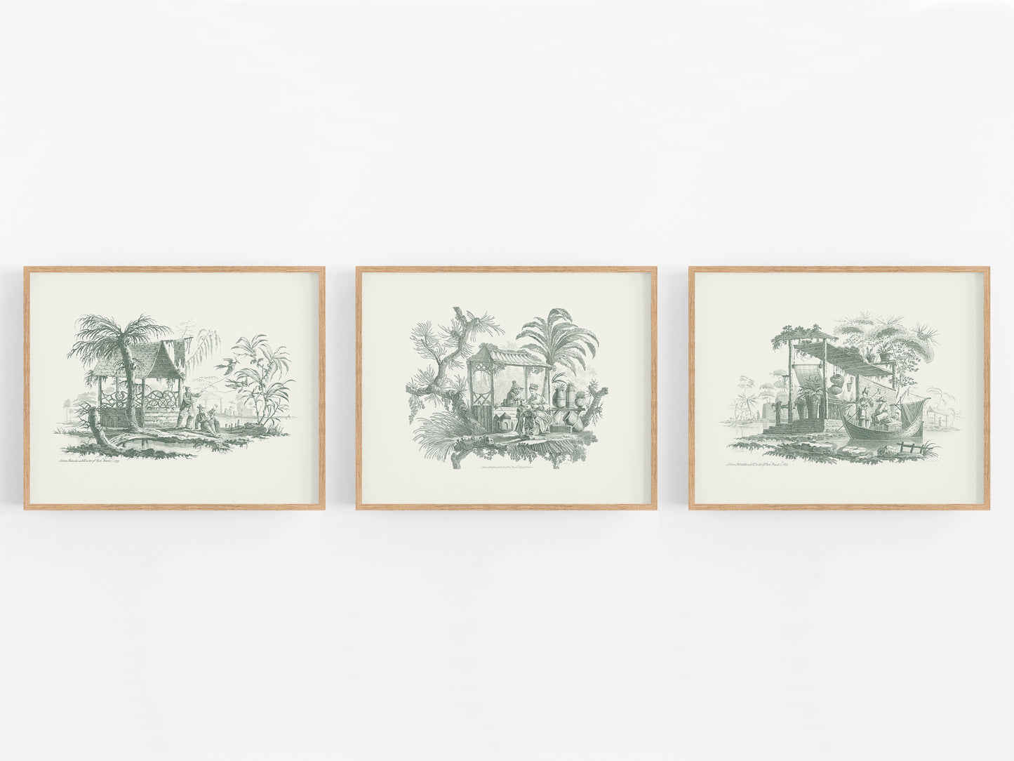 Chinoiserie Village Scene Art Prints - Set of Three