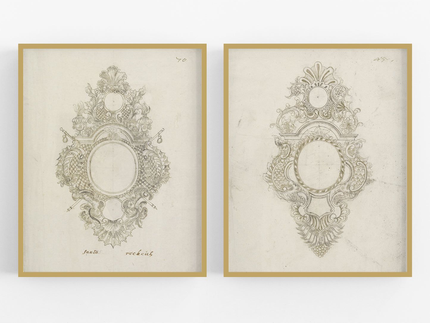 French Medallion Architectural Drawing Art Prints - Set of Two