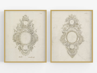 French Medallion Architectural Drawing Art Prints - Set of Two