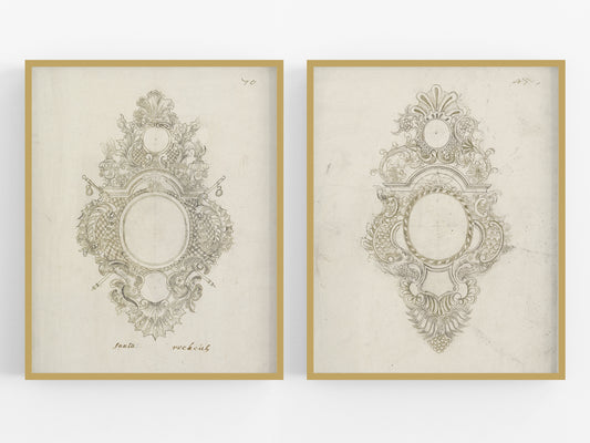 French Medallion Architectural Drawing Art Prints - Set of Two