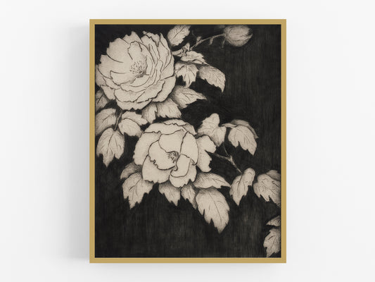 Japanese Peonies Engraving Art Print