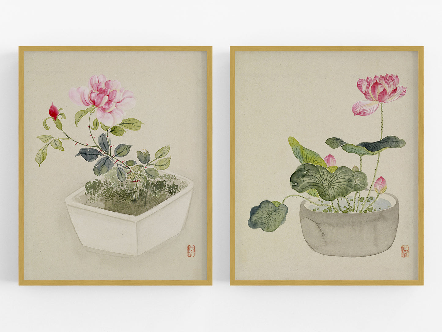 Japanese Lotus Flowers in Pots Art Prints - Set of Two