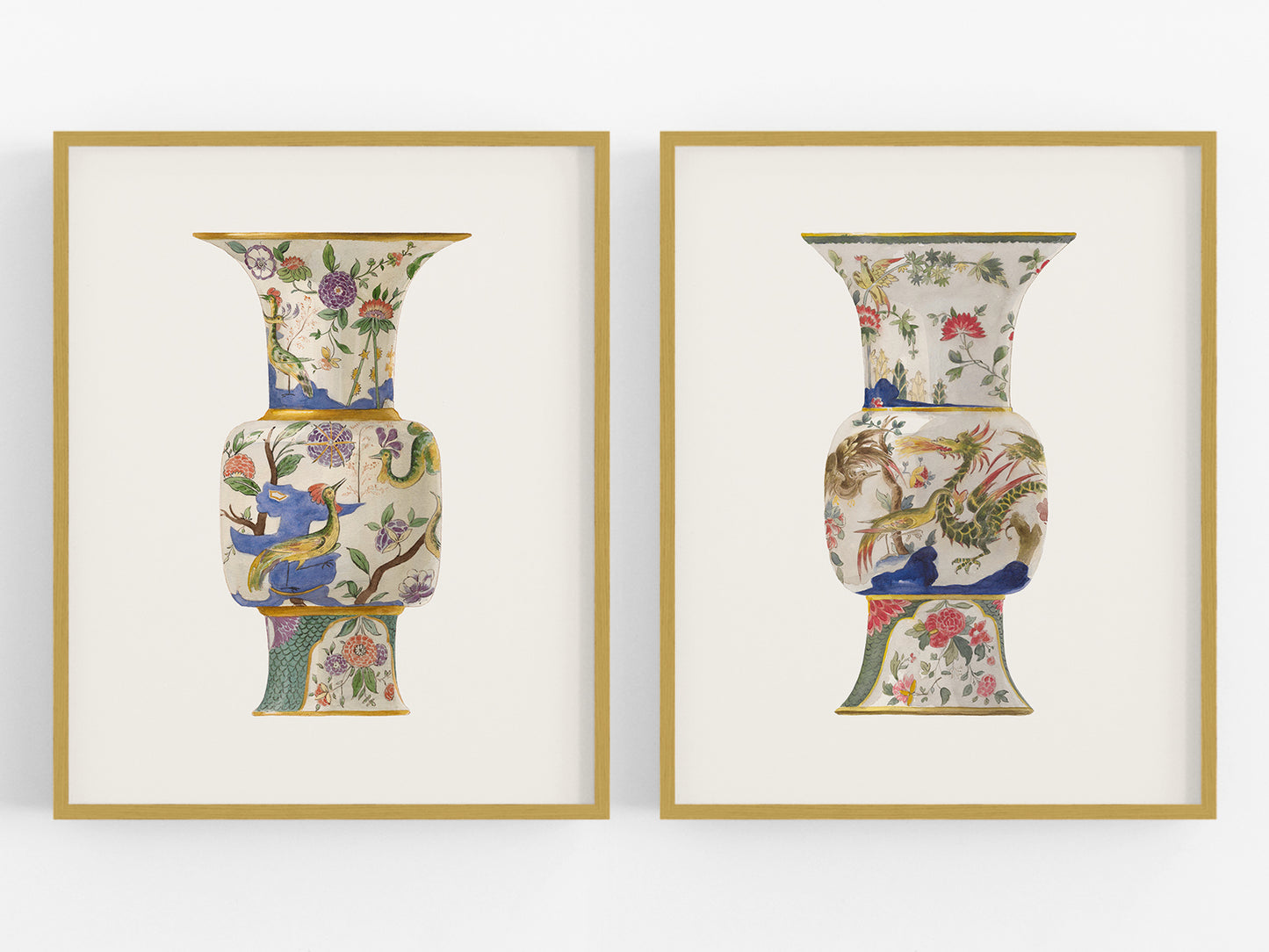 Colorful Asian Chinoiserie Vase Ginger Jar Art Prints - Set of Two