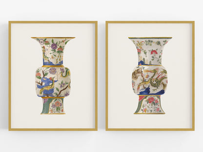 Colorful Asian Chinoiserie Vase Ginger Jar Art Prints - Set of Two