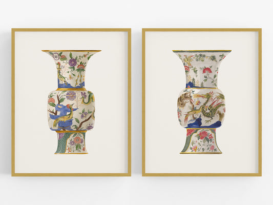 Colorful Asian Chinoiserie Vase Ginger Jar Art Prints - Set of Two