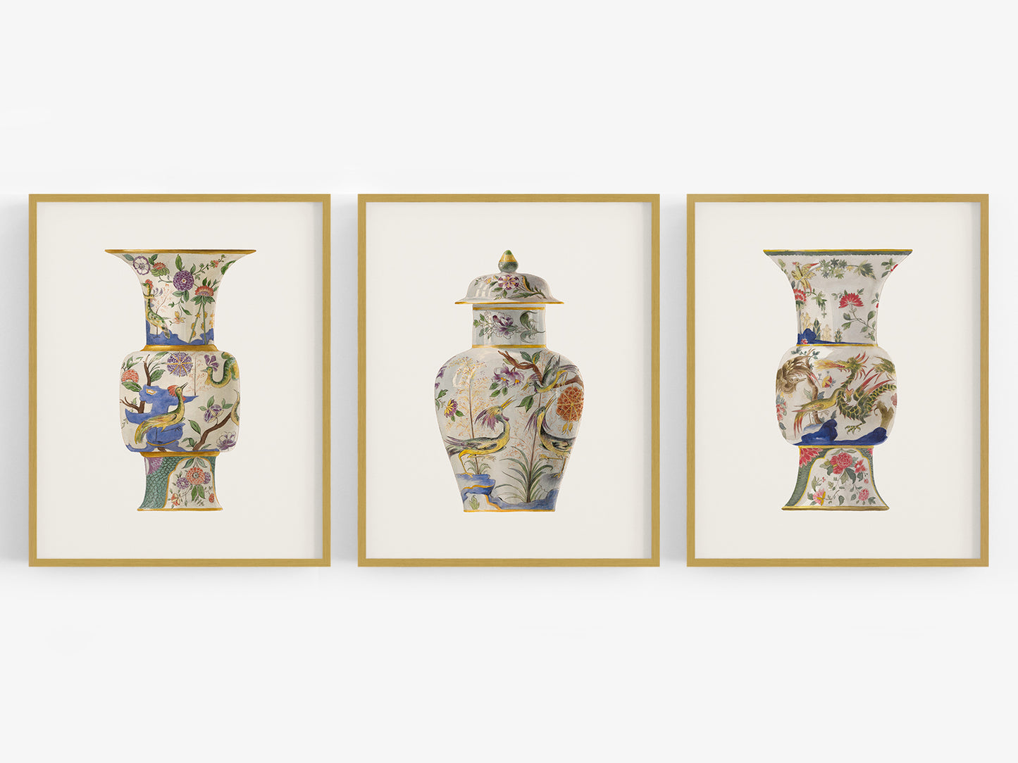 Colorful Asian Chinoiserie Vase Ginger Jar Art Prints - Set of Three