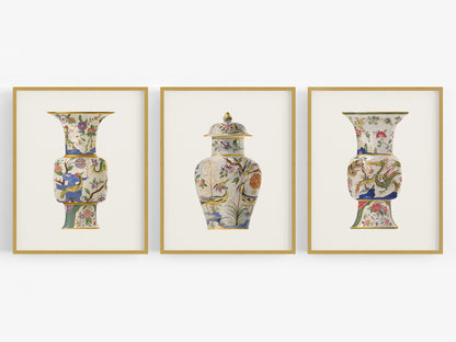 Colorful Asian Chinoiserie Vase Ginger Jar Art Prints - Set of Three