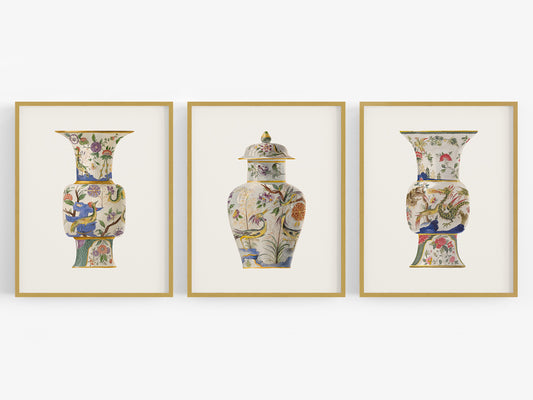 Colorful Asian Chinoiserie Vase Ginger Jar Art Prints - Set of Three