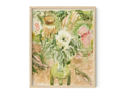 Abstract Flowers on a Green Stool Art Print