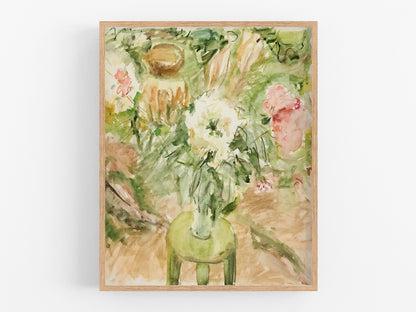 Abstract Flowers on a Green Stool Art Print