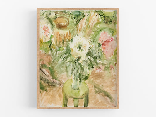 Abstract Flowers on a Green Stool Art Print