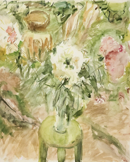 Abstract Flowers on a Green Stool Art Print