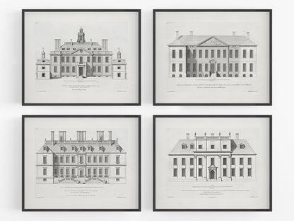 London Townhouse Architectural Elevation Drawing Art Prints - Set of Four