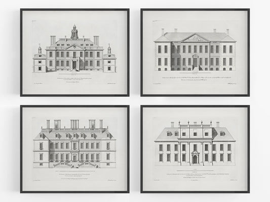 London Townhouse Architectural Elevation Drawing Art Prints - Set of Four
